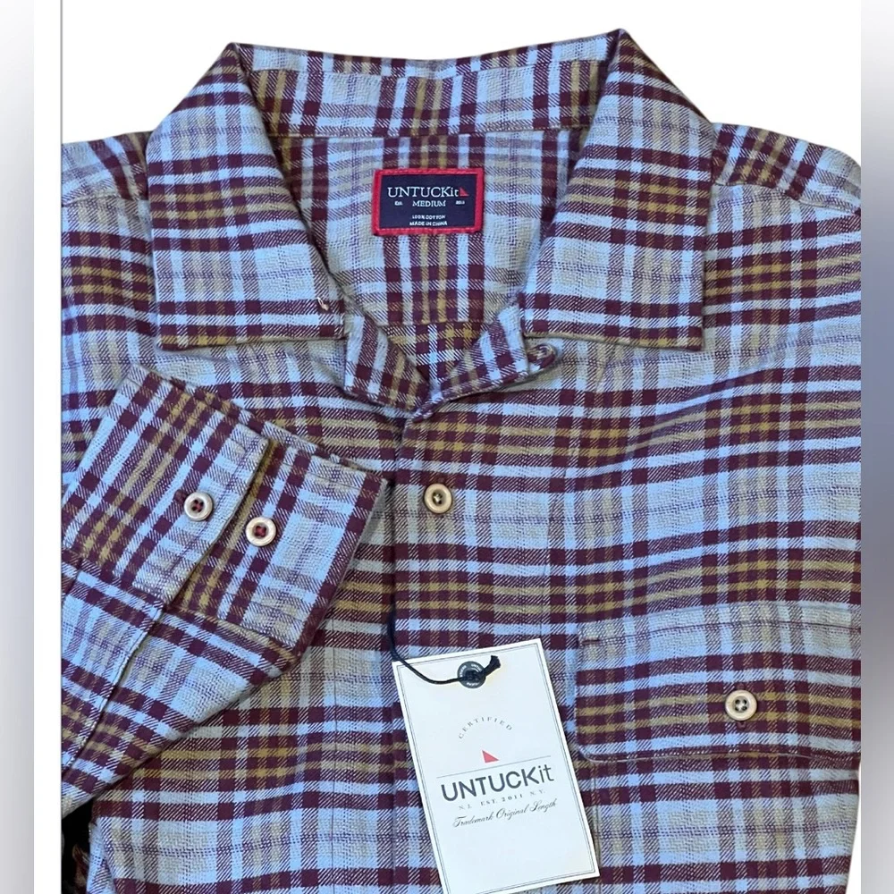UNTICKit Verona Men's Medium Blue Maroon Plaid Cotton‎ Flannel Shirt NWT - Picture 9 of 10